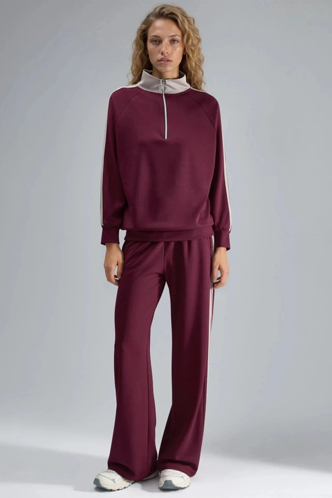 Set din doua piese, HiCCUP, cu dungi, guler cu fermoar, rosu burgundi, tesatura tricotata