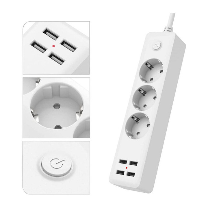 Prelungitor cu 3 prize, 4 porturi USB, 1.5m cablu, pentru uz casnic si birou