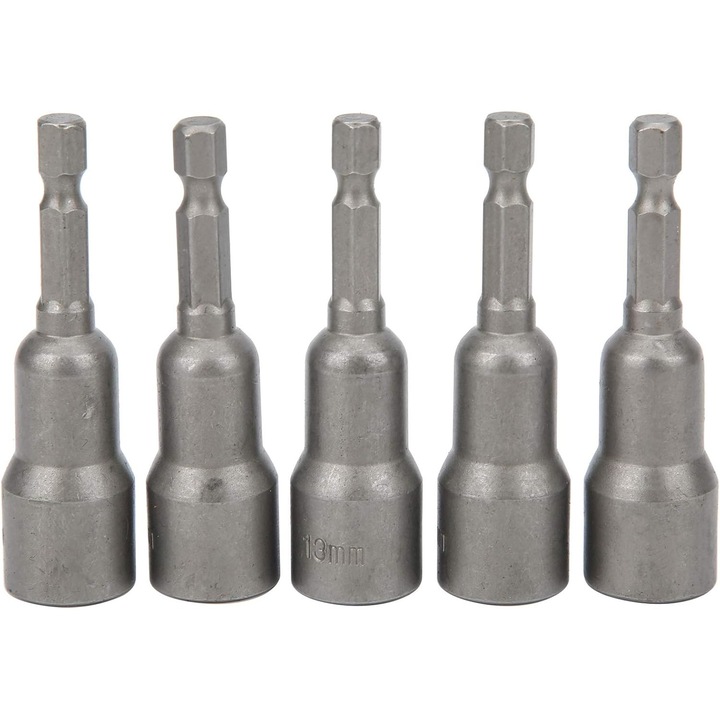 Set de 5 socket-uri hexagonale, 13x65mm, din otel crom-vanadiu, magnetice, pentru surubelnita electrica, cheie pentru suruburi