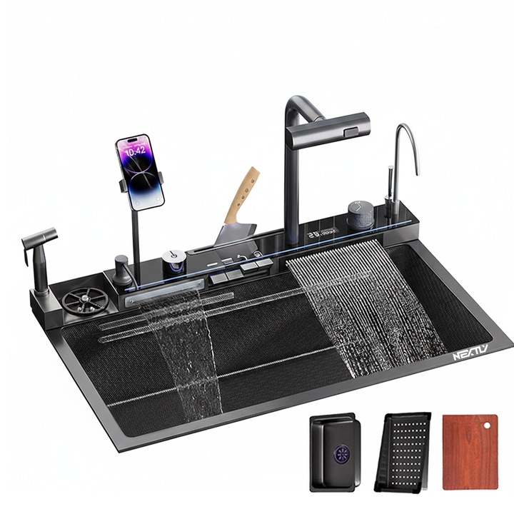 NEXTLY multifunkcionális okos mosogató 46x75cm, INOX 304, kijelző, 2 vízesés, pohármosó, 3 funkciós csaptelep, telefontartó, kihúzható zuhany, késlefolyó, lefolyótálcák és vágódeszka, antracitszürke