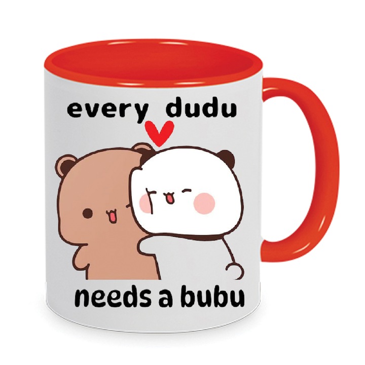 Cana ceramica Labubu Cute Bunny, 330ml, alb si rosu, design No2, "Every Dudu Needs a Bubu"
