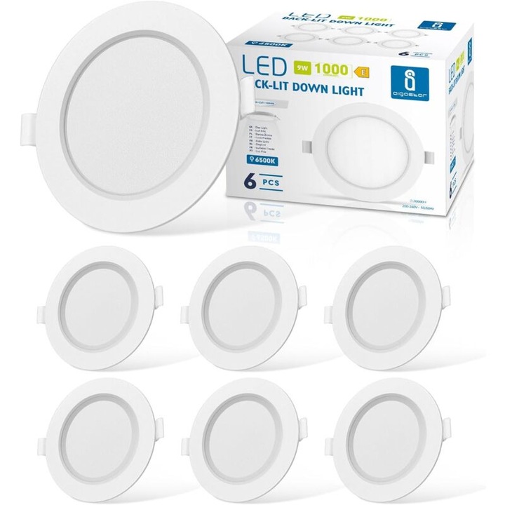 Set de 6 Spoturi LED Incastrate Dimmabile, 9W 6000K Alb Natural, IP65, Extra Subtiri 35mm, Diametru Gaura PH130-135mm, Iluminat pentru Tavan