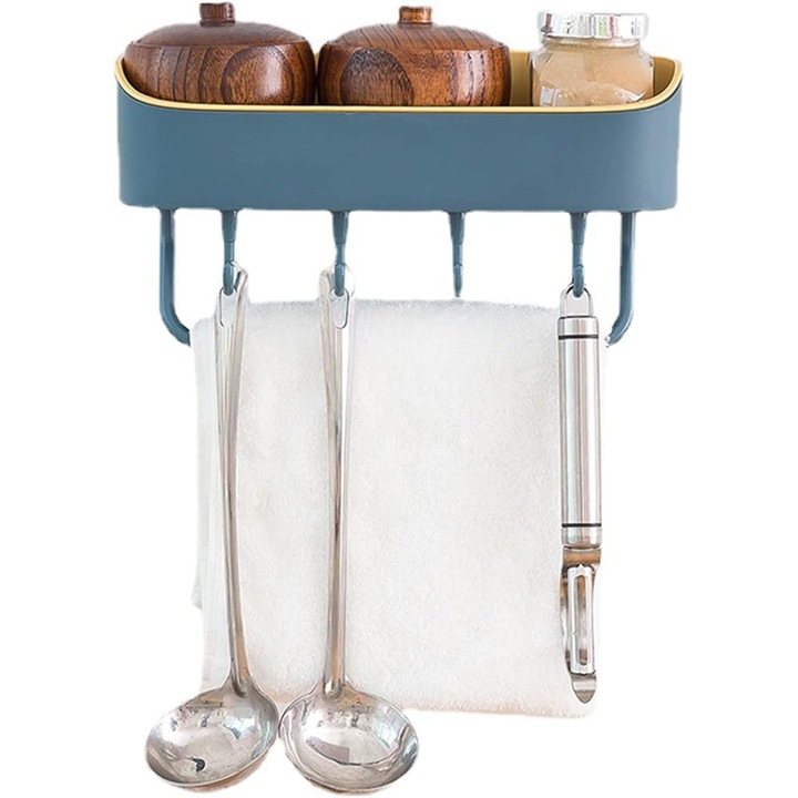 Suport de baie montat pe perete, galben si albastru, 27x10.5x6.5cm, cu 4 carlige si suport pentru prosoape