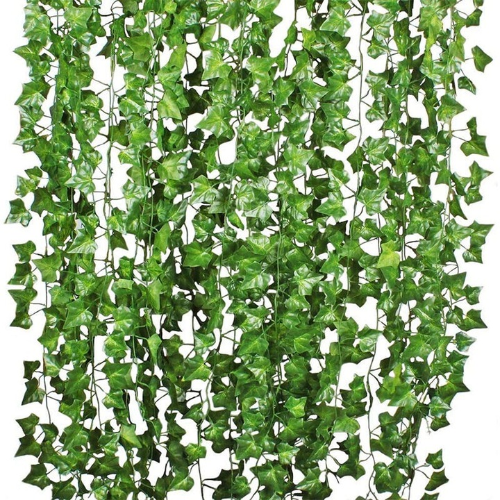 Set 12 frunze artificiale de iedera, 2.2 metri, planta cataratoare, verde