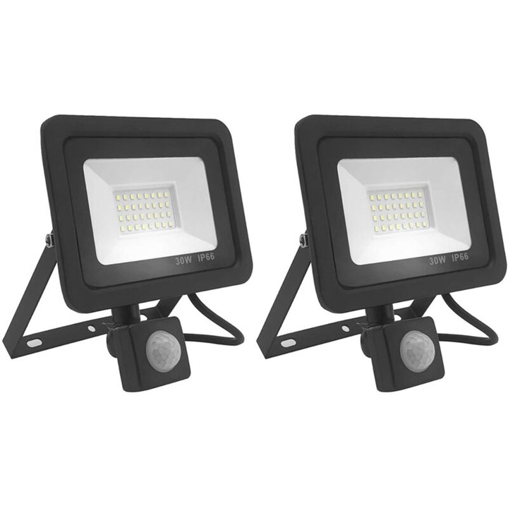 Комплект от 2 LED прожектора 30W със сензор за движение, 2700LM, 6000K, IP66, за външно ползване