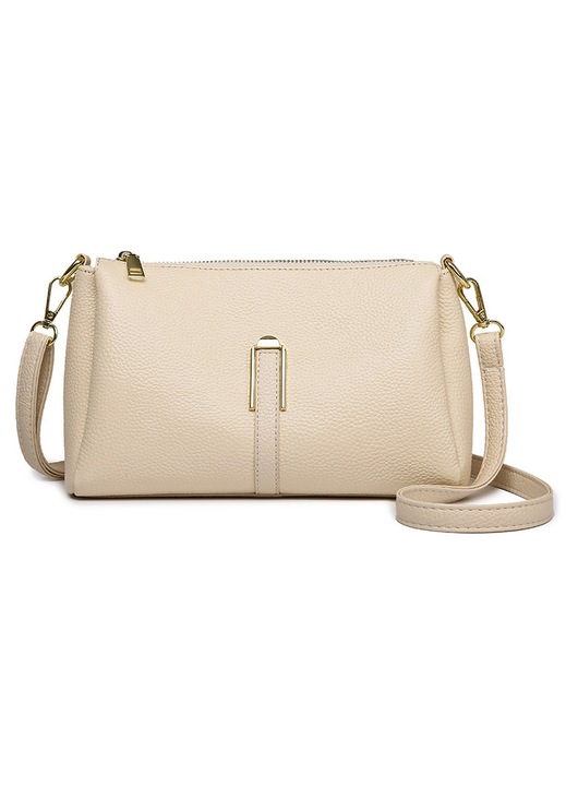 Geanta Crossbody din Piele de Vitela Natura, Textura de Litchi, Design Minimalist, Geanta de Umar pentru Femei, Geanta Mica cu Mai multe Compartimente, Culoare Alb Crem, Calitate Luxury