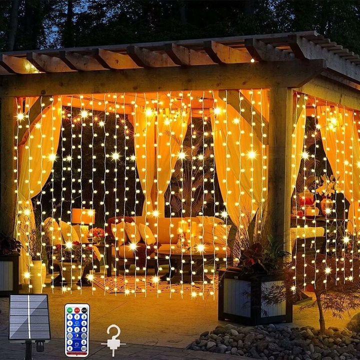 Соларни LED лампи, 300 светлини, 8 режима, водоустойчиви, комплект 3м x 3м, дистанционно управление, за градина, парти, сватба