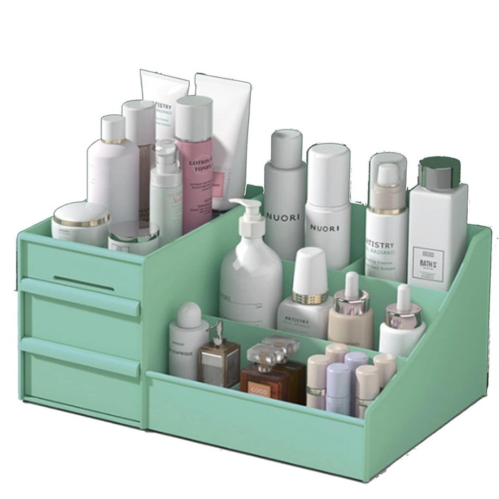 Cutie de depozitare multifunctionala pentru machiaj si bijuterii, 2 sertare, 6 compartimente, 28x16.8x12cm, verde