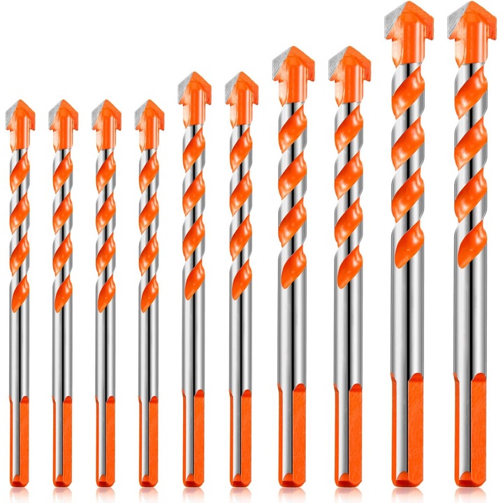 Set de 10 burghie triunghiulare, multifunctionale, 6/8/10/12 mm, pentru beton, gresie, sticla, lemn si plastic