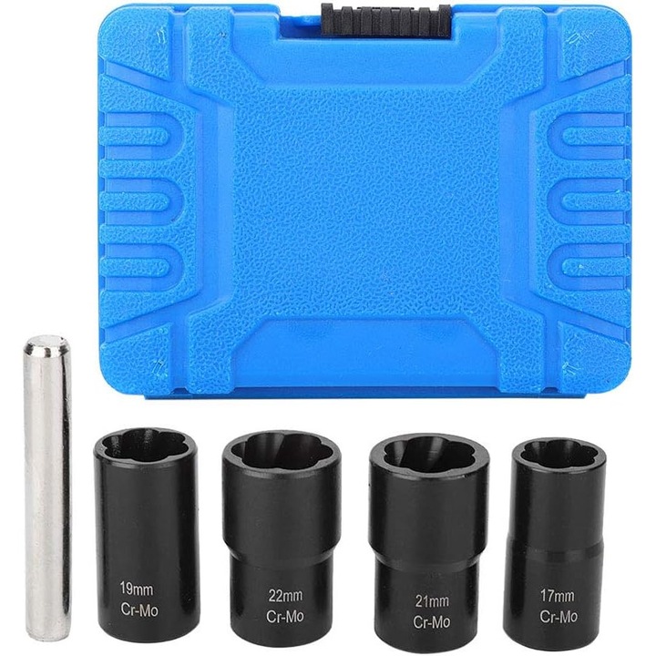Set extractor piulite roata 5 piese, 17mm, 19mm, 21mm, 22mm, carbon, organizat in cutie