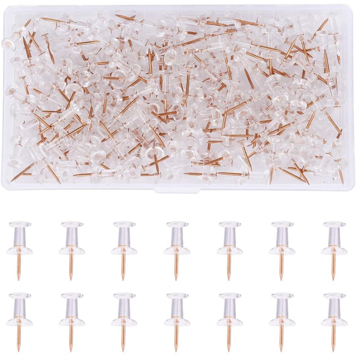 Set 200 pioneze cu cap plastic transparent si varf din otel, pentru tablouri de pluta sau harti, dimensiuni 14.5x8x2.2cm