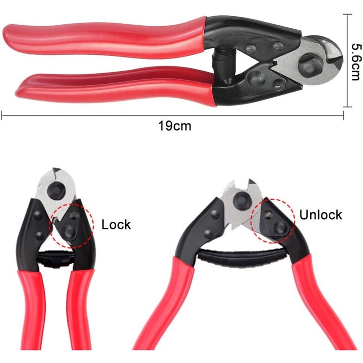 Clema pentru cabluri, 19x5.6cm, din otel crom-vanadiu, maner rosu, set de unelte pentru repararea bicicletelor