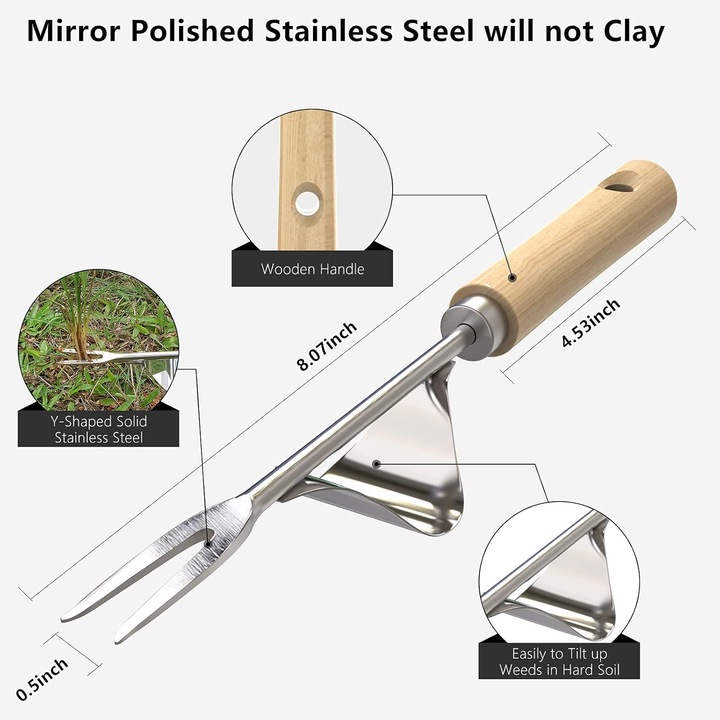 Kézi gyomláló, rozsdamentes acél, fa nyél, hajlításgátló, nem kívánt növények eltávolítására