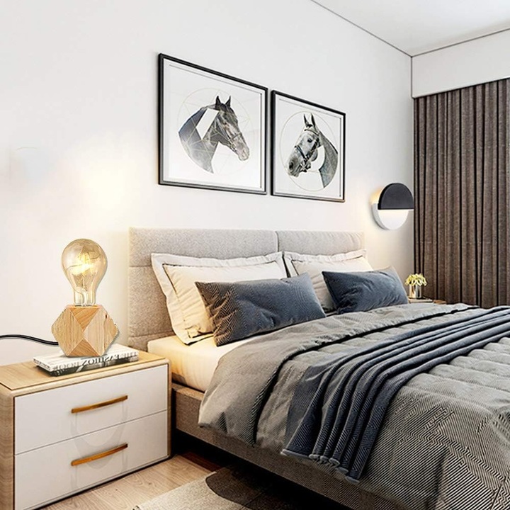 Veioza din lemn, E27, 40W, 11x11cm, stil modern, pentru decorare acasa