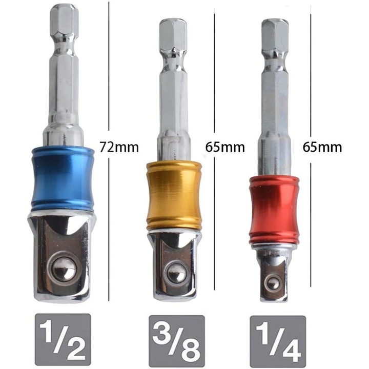 Set de adaptoare pentru surubelnita, 3 piese, 1/4" - 65mm, 3/8" - 65mm, 1/2" - 73mm, din otel crom-vanadiu, rezistent la rugina