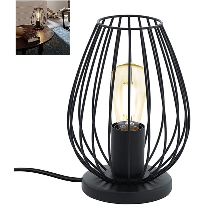 Veioza metalica, stil industrial, E27, 60W, 12x16x23cm, cablu 1.8m, fara bulb