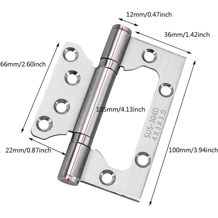 Set de 3 balamale din otel inoxidabil, 10.2x7.6cm, rezistente la coroziune, cu suruburi argintii