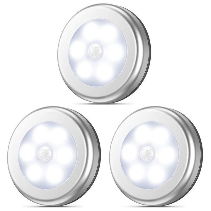 Set 3 spoturi LED cu senzor de miscare, argintii, 3200K, pentru holuri si dulapuri