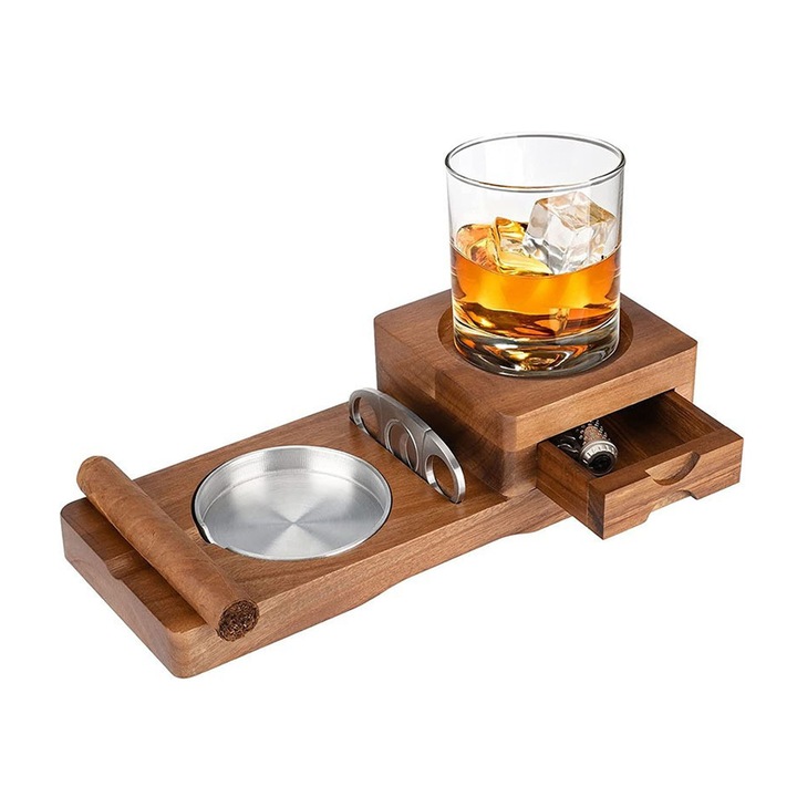 Cutie pentru trabucuri, AFKSMILE, Include tava pentru pahare de whisky, scrumiera si taietor de trabucuri, Rezistent la praf si apa, Pentru 3 trabucuri, Usor de utilizat, Durabile, Lemn, 27.5*11*7 cm, Maro