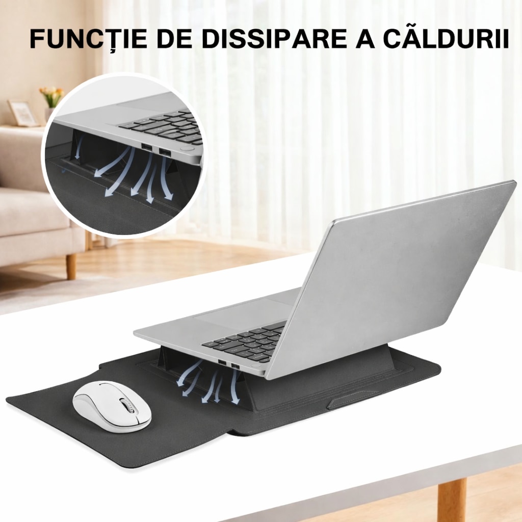 Husa Laptop 15-16 inch, 3 in 1 cu foldable stand, compatibila cu MacBook Air, MacBook Pro, Piele Ecologica, Marime Universala, 38 x 28 cm, Negru Mat