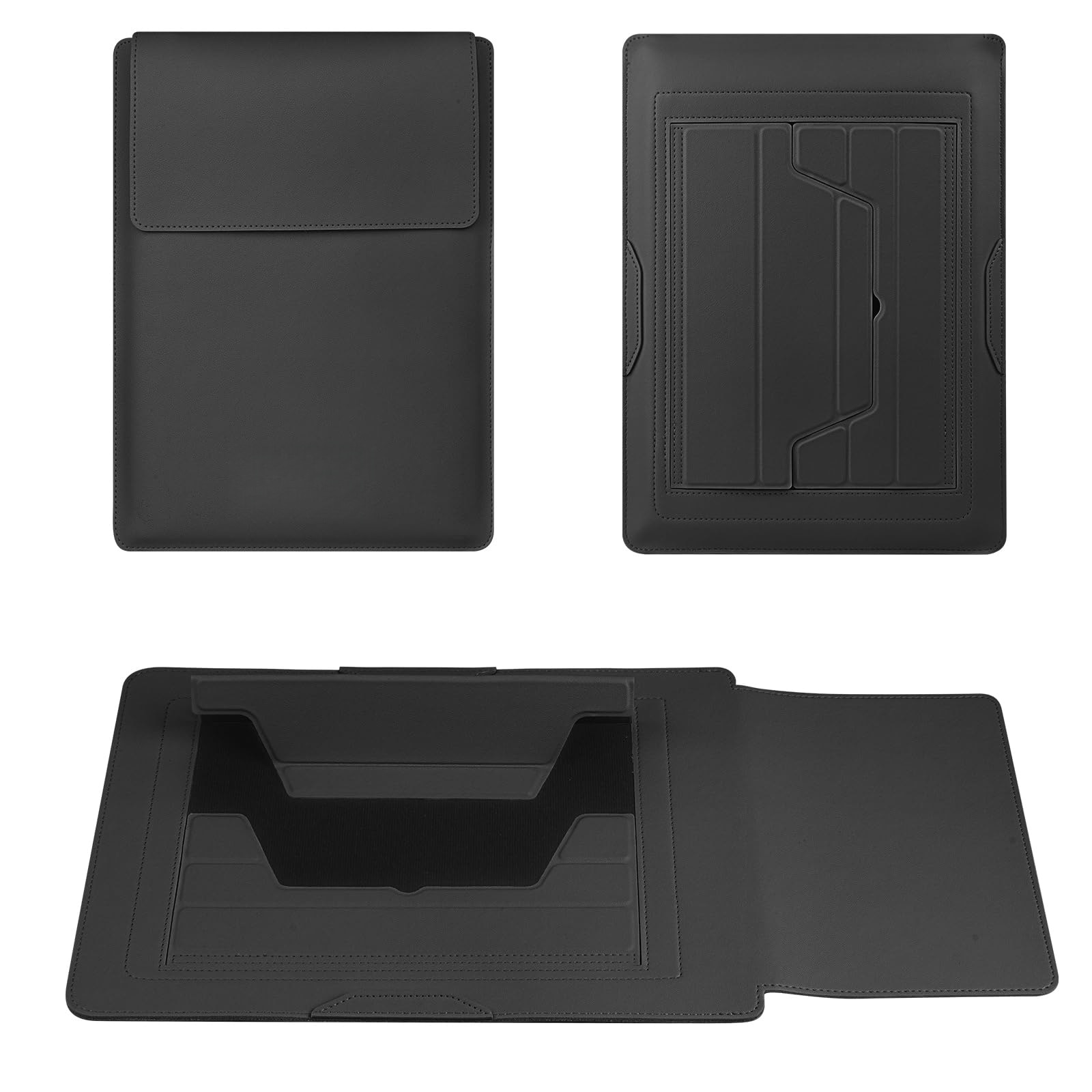 Husa Laptop 15-16 inch, 3 in 1 cu foldable stand, compatibila cu MacBook Air, MacBook Pro, Piele Ecologica, Marime Universala, 38 x 28 cm, Negru Mat