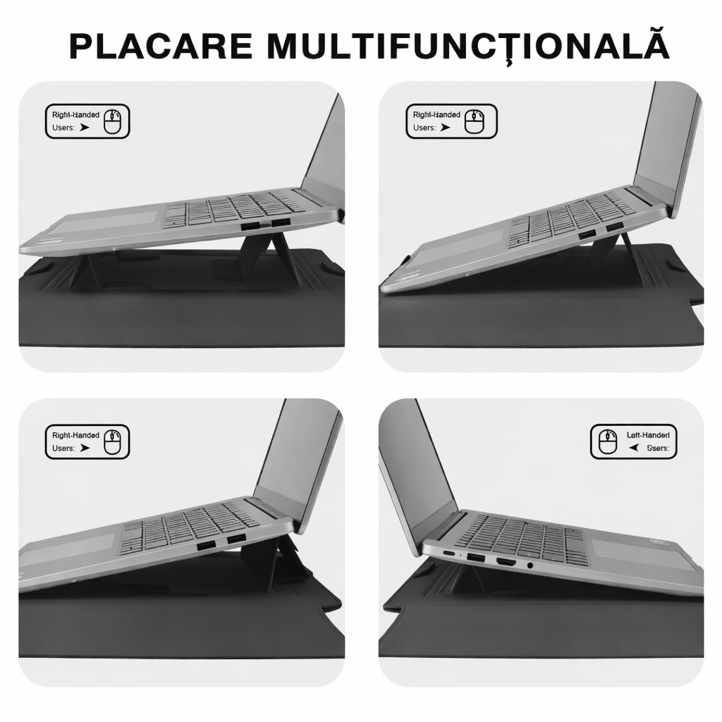 Husa Laptop 15-16 inch, 3 in 1 cu foldable stand, compatibila cu MacBook Air, MacBook Pro, Piele Ecologica, Marime Universala, 38 x 28 cm, Negru Mat