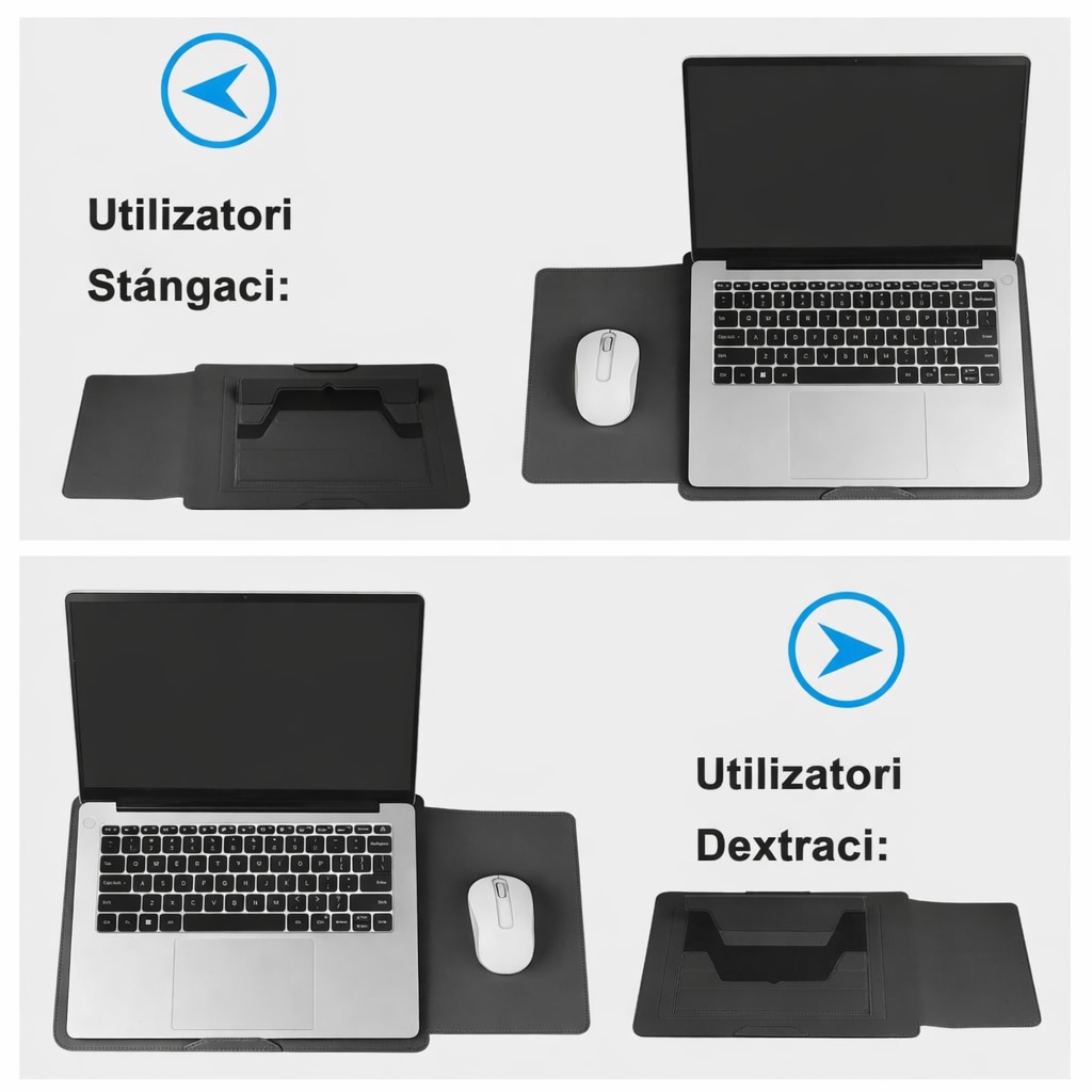 Husa Laptop 15-16 inch, 3 in 1 cu foldable stand, compatibila cu MacBook Air, MacBook Pro, Piele Ecologica, Marime Universala, 38 x 28 cm, Negru Mat