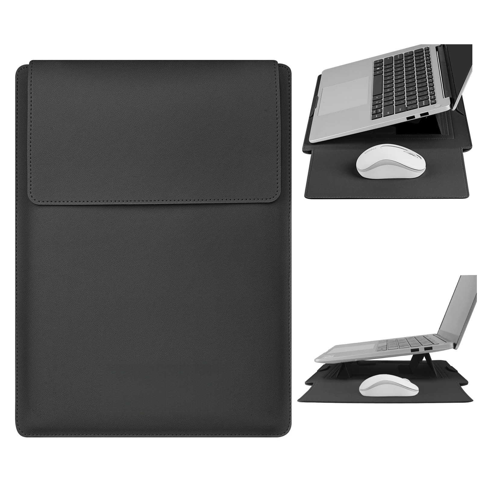Husa Laptop 15-16 inch, 3 in 1 cu foldable stand, compatibila cu MacBook Air, MacBook Pro, Piele Ecologica, Marime Universala, 38 x 28 cm, Negru Mat