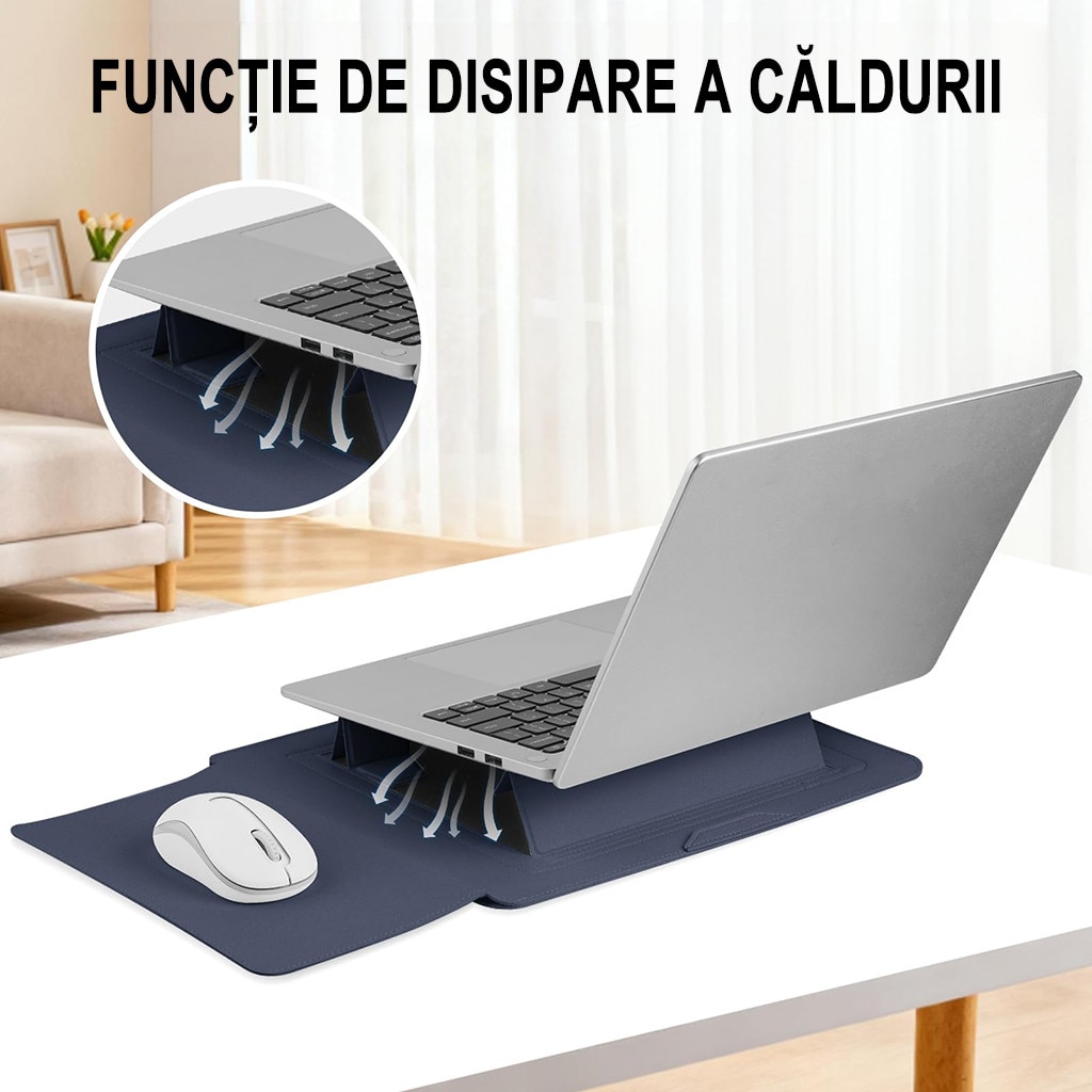 Husa Laptop 15-16 inch, 3 in 1 cu foldable stand, compatibila cu MacBook Air, MacBook Pro, Piele Ecologica, Marime Universala, 38 x 28 cm, Albastru inchis