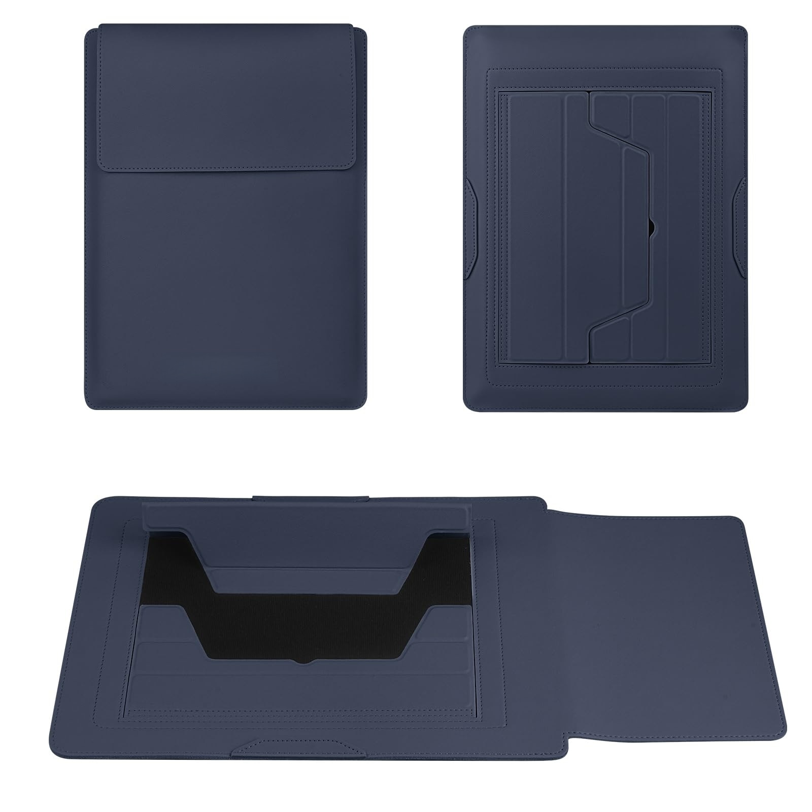 Husa Laptop 15-16 inch, 3 in 1 cu foldable stand, compatibila cu MacBook Air, MacBook Pro, Piele Ecologica, Marime Universala, 38 x 28 cm, Albastru inchis