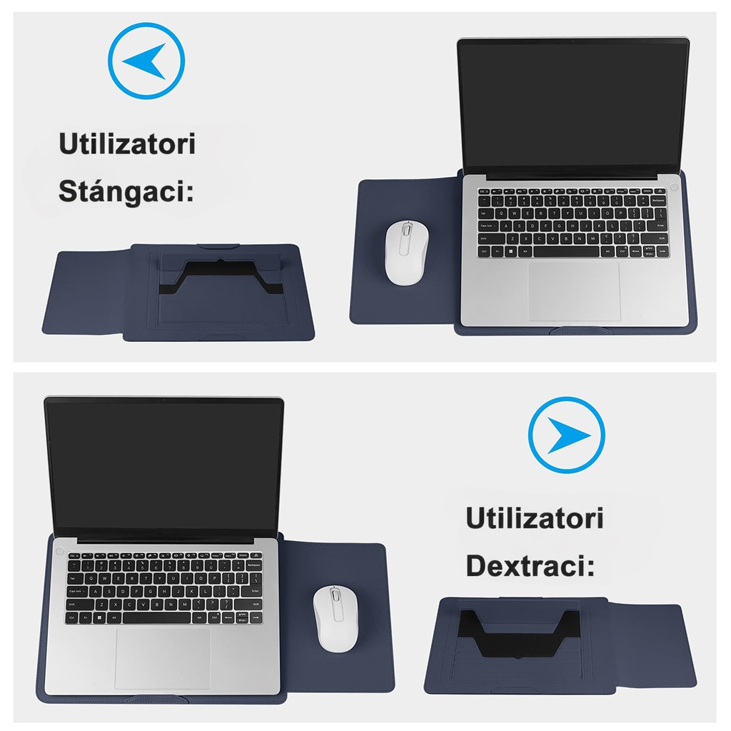 Husa Laptop 15-16 inch, 3 in 1 cu foldable stand, compatibila cu MacBook Air, MacBook Pro, Piele Ecologica, Marime Universala, 38 x 28 cm, Albastru inchis