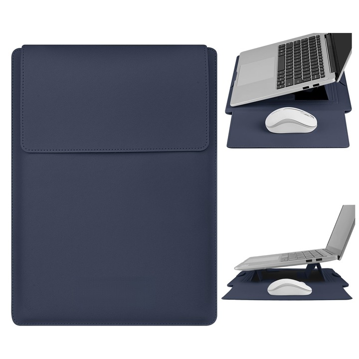 Husa Laptop 15-16 inch, 3 in 1 cu foldable stand, compatibila cu MacBook Air, MacBook Pro, Piele Ecologica, Marime Universala, 38 x 28 cm, Albastru inchis
