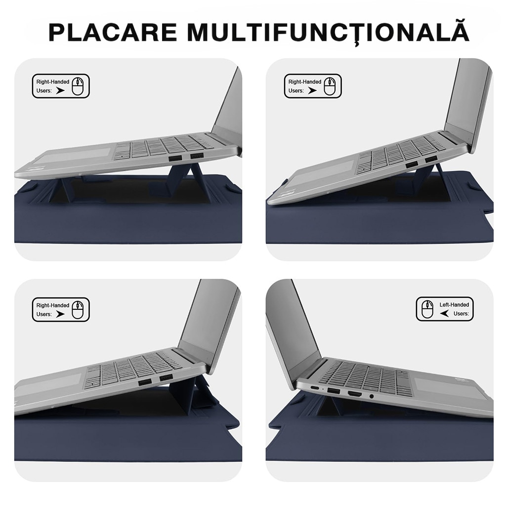 Husa Laptop 15-16 inch, 3 in 1 cu foldable stand, compatibila cu MacBook Air, MacBook Pro, Piele Ecologica, Marime Universala, 38 x 28 cm, Albastru inchis