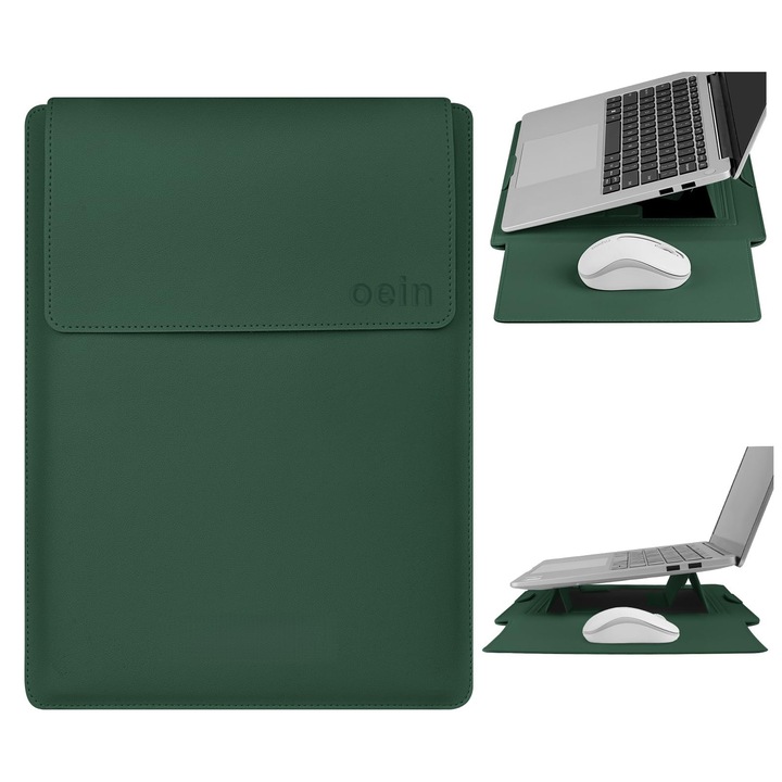 Husa Laptop 13-14 inch, oein®, 3 in 1 cu foldable stand, compatibila cu MacBook Air, MacBook Pro, Piele Ecologica, Marime Universala, 34 x 25 cm, Verde inchis