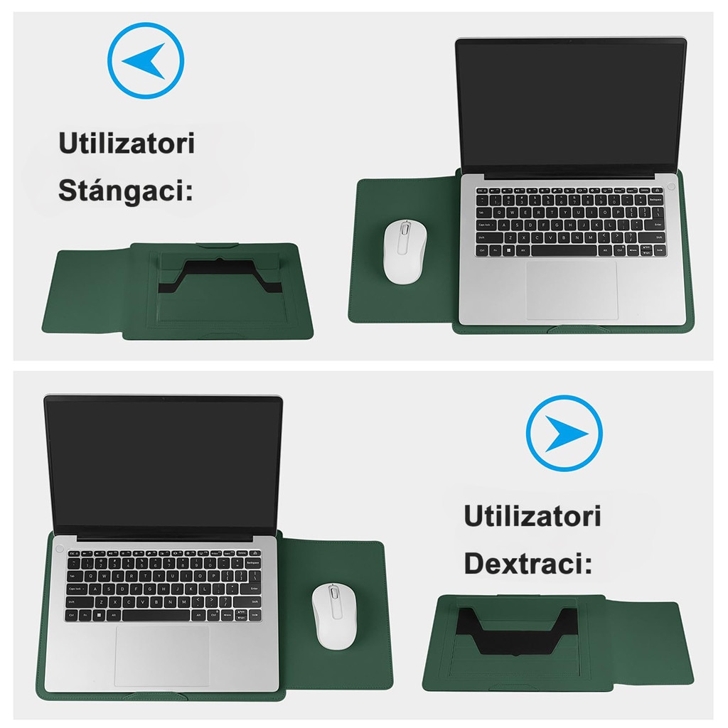 Husa Laptop 15-16 inch, oein®, 3 in 1 cu foldable stand, compatibila cu MacBook Air, MacBook Pro, Piele Ecologica, Marime Universala, 38 x 28 cm, Verde inchis