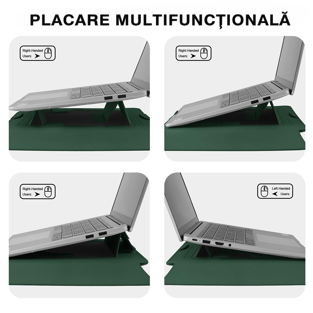 Husa Laptop 15-16 inch, oein®, 3 in 1 cu foldable stand, compatibila cu MacBook Air, MacBook Pro, Piele Ecologica, Marime Universala, 38 x 28 cm, Verde inchis
