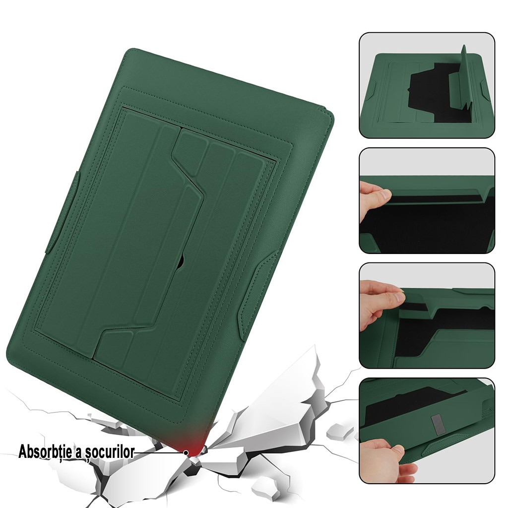 Husa Laptop 15-16 inch, oein®, 3 in 1 cu foldable stand, compatibila cu MacBook Air, MacBook Pro, Piele Ecologica, Marime Universala, 38 x 28 cm, Verde inchis