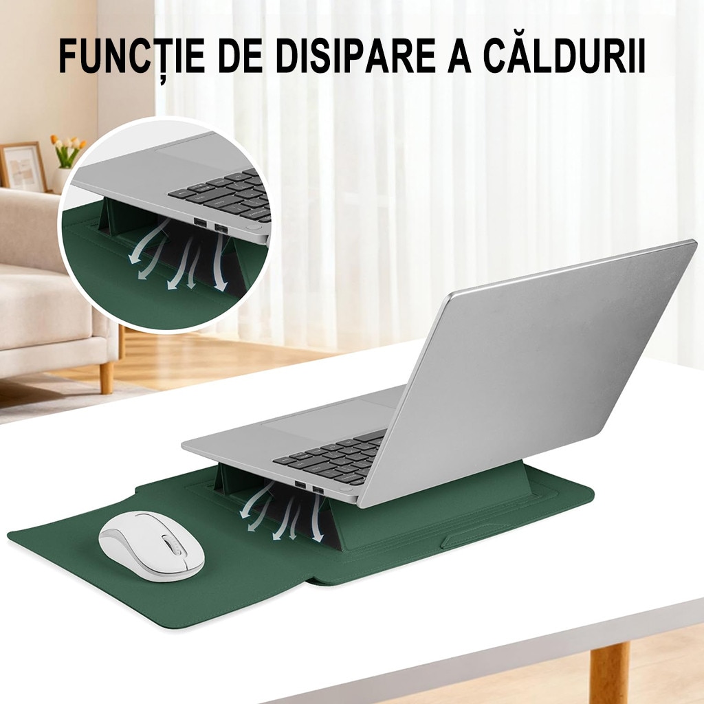Husa Laptop 15-16 inch, oein®, 3 in 1 cu foldable stand, compatibila cu MacBook Air, MacBook Pro, Piele Ecologica, Marime Universala, 38 x 28 cm, Verde inchis