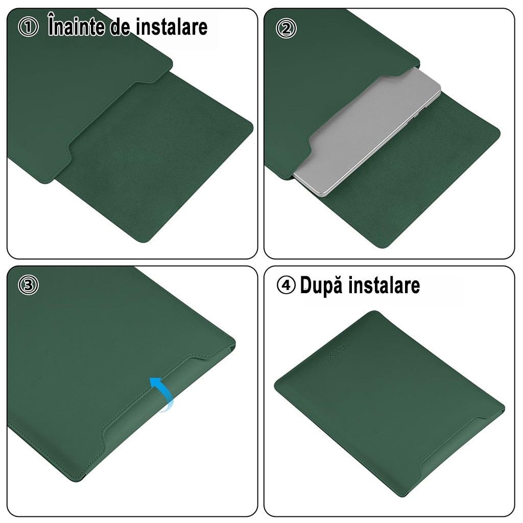 Husa Laptop 15-16 inch, oein®, 3 in 1 cu foldable stand, compatibila cu MacBook Air, MacBook Pro, Piele Ecologica, Marime Universala, 38 x 28 cm, Verde inchis
