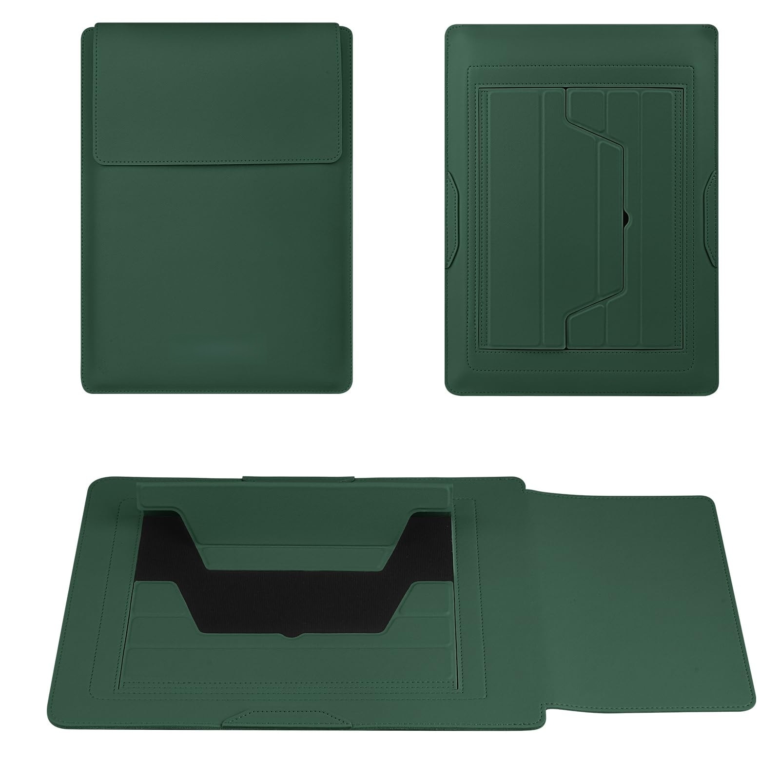 Husa Laptop 15-16 inch, oein®, 3 in 1 cu foldable stand, compatibila cu MacBook Air, MacBook Pro, Piele Ecologica, Marime Universala, 38 x 28 cm, Verde inchis