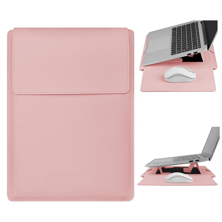 Husa Laptop 13-14 inch, 3 in 1 cu foldable stand, compatibila cu MacBook Air, MacBook Pro, Piele Ecologica, Marime Universala, 34 x 25 cm, Pudra (roz pal)