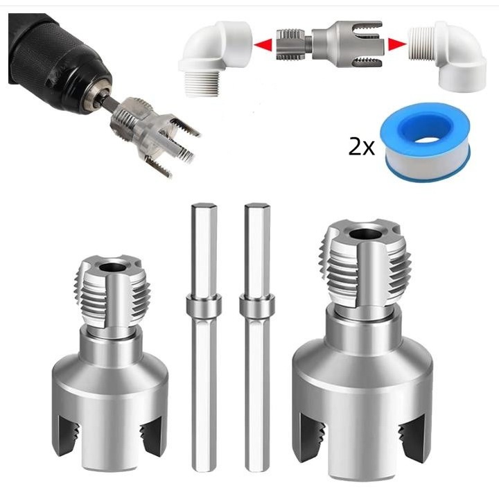 Cap filetat tevi, 4 piese, Filet NPT 1/2"-3/4", Aliaj + plastic, Durabil si compact, PVC compatibil cu burghiu electric