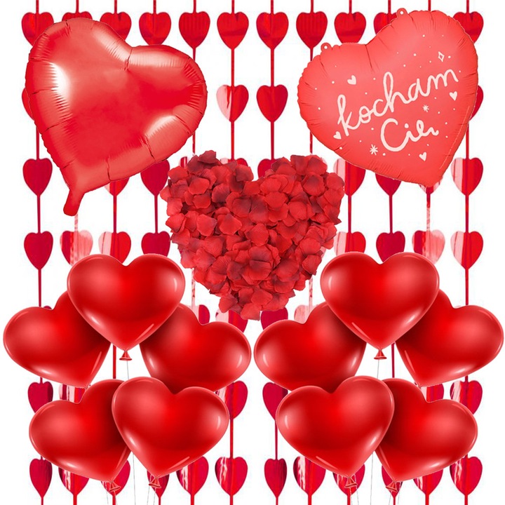 Valentin-napi dekorációs szett, PartyPro, 10 szív alakú lufi, 100 rózsaszirom, piros, 40x40cm