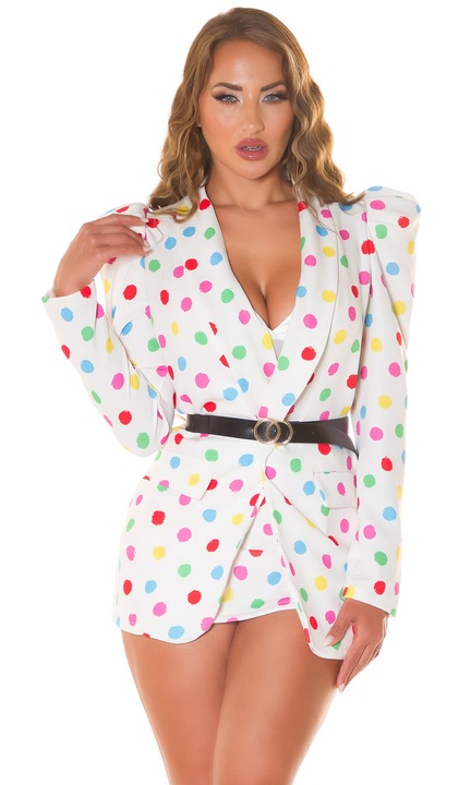 Sacou dama elegant cu buline multicolore croi cambrat, Alb, One Size