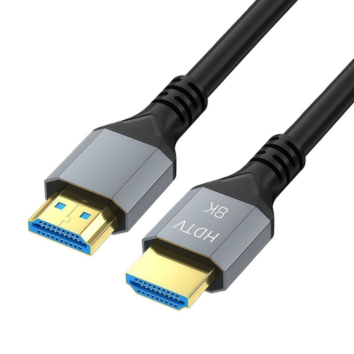 Cablu HDMI 2.1 de inalta definitie, 8K/60Hz, 4K/144Hz, 2K/240Hz, viteza mare 48Gbps, HDR dinamic, VRR, QMS, pentru proiectoare, laptopuri, monitoare, televizoare, PS4/PS5, 2m, gri