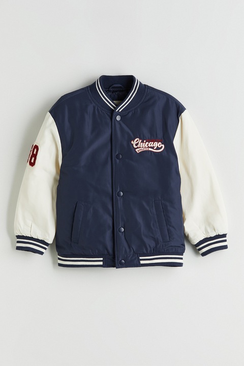 LC WAIKIKI, Jacheta bomber cu capse, Alb murdar/Bleumarin, 92-98 CM