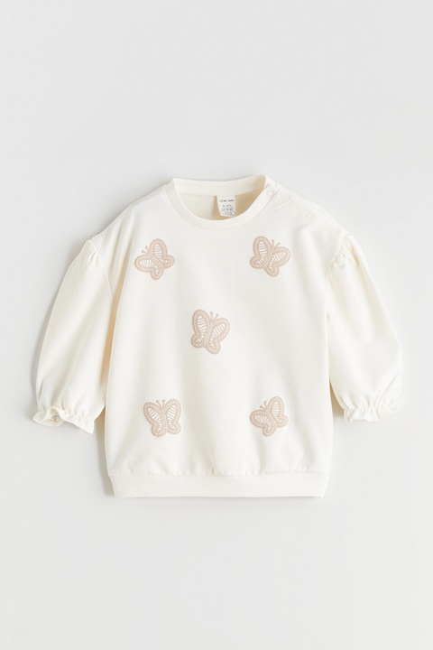 LC WAIKIKI, Set de pantaloni striati si bluza cu model fluturi - 2 piese, Alb fildes/Roz prafuit