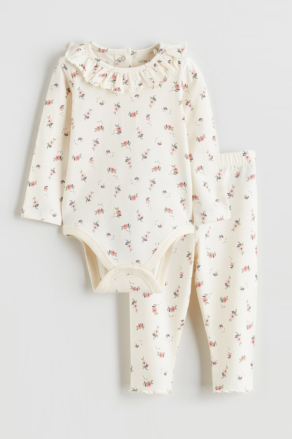 LC WAIKIKI, Set de colanti si body din amestec de bumbac cu model floral - 2 piese, Alb fildes, Roz, 68-74 CM