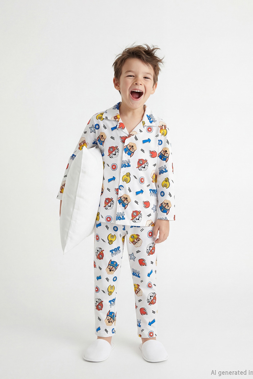 LC WAIKIKI, Pijama din bumbac cu model desene animate, Alb, Galben, Albastru, 92-98 CM