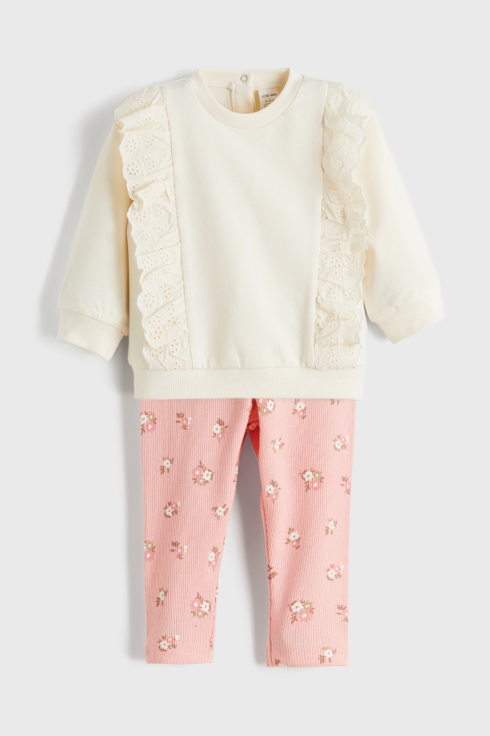 LC WAIKIKI, Set de bluza cu volane si colanti - 2 piese, Roz, Crem, 80-86 CM